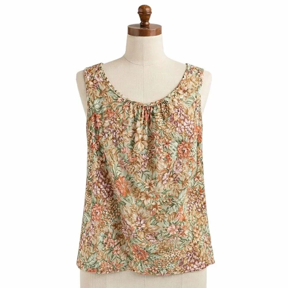 Vintage HABAND Floral Sleeveless Top Large Polyester Cottagecore Boho Soft Chic